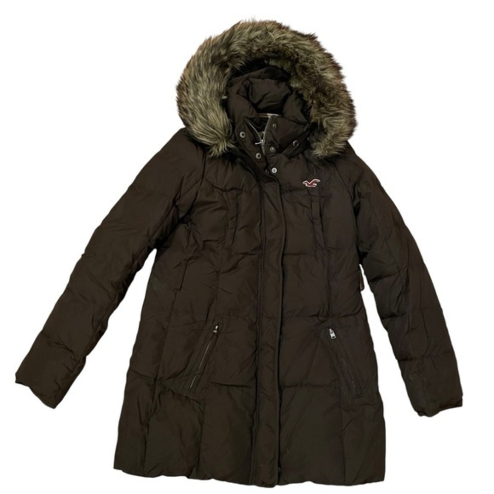 HOLLISTER Vintage Y2K Brown Down Filled Puffer Coat Faux Fur Hood Size Medium